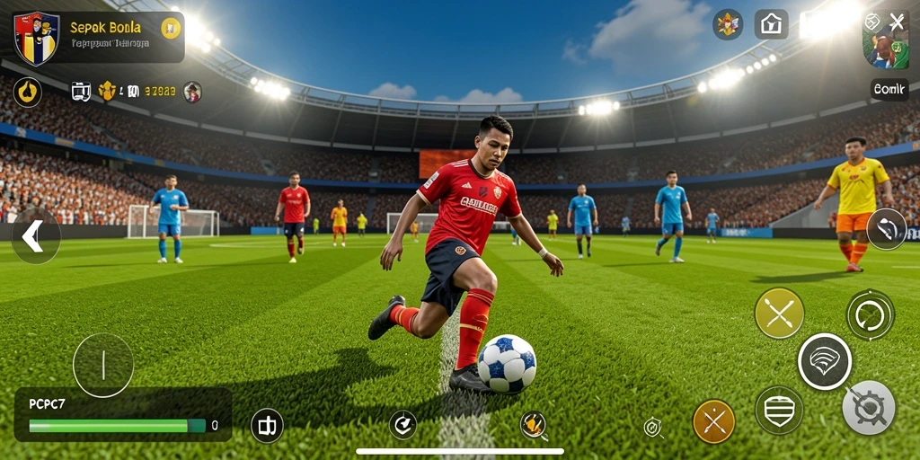 Tangkapan layar dari gameplay PCPC7 yang menampilkan aksi sepak bola yang menegangkan.