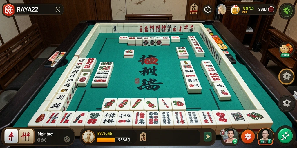 Menampilkan gameplay seru RAYA22 dengan ubin Mahjong yang berwarna-warni.